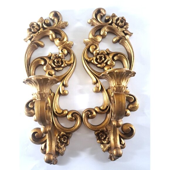 Vintage Gold Wall Decor Taper Candle Holder Floral Homco 1971 Plastic Retro 15" - Picture 1 of 7